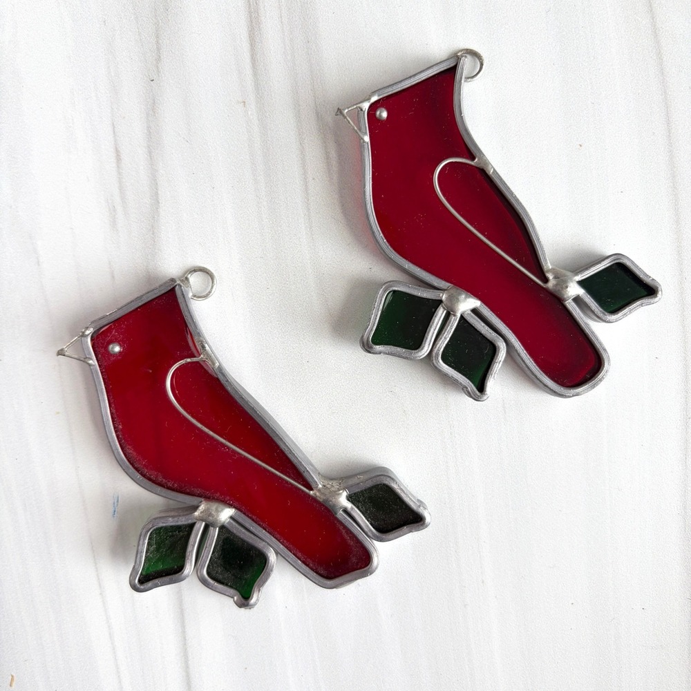 Vintage Stained Glass Cardinal Ornaments Red Bird Suncatcher Set of 2